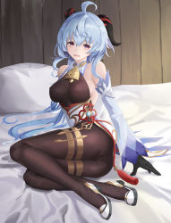 Rule 34 | 1girl, absurdres, ahoge, artist request, ass, bare shoulders, bed, blue hair, blush, bodysuit, breasts, cameltoe, detached sleeves, ganyu (genshin impact), genshin impact, gloves, highres, horns, large breasts, leotard, long hair, looking at viewer, open mouth, pantyhose, red eyes, sitting, skin tight, solo, thighs, very long hair, waist cape, yokozuwari