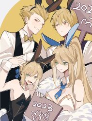 Rule 34 | 2023, 2boys, 2girls, animal ears, artoria pendragon (all), artoria pendragon (fate), artoria pendragon (swimsuit ruler) (fate), black leotard, blonde hair, blue necktie, bow, bowtie, breasts, cleavage, collared shirt, detached collar, fake animal ears, fate/grand order, fate (series), feather boa, gilgamesh, gilgamesh (caster) (fate), gilgamesh (fate), glance, green eyes, grin, high ponytail, highres, holding, holding sign, large breasts, leotard, long hair, long sleeves, looking at viewer, meow (cindy738), multiple boys, multiple girls, necktie, playboy bunny, rabbit ears, red eyes, saber (fate), shirt, short necktie, sidelocks, sign, small breasts, smile, strapless, strapless leotard, teeth, white leotard, white shirt, wrist cuffs, yellow bow, yellow bowtie