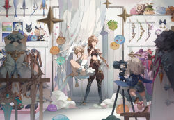 Rule 34 | 1boy, 2girls, ^ ^, absurdres, aether (genshin impact), ahoge, balloon, bare shoulders, black socks, blonde hair, blue shorts, blurry, blurry foreground, bow (weapon), brown eyes, brown footwear, brown pants, brown shirt, camera, closed eyes, costume, crop top, curtains, detached sleeves, dress, earrings, genshin impact, gold trim, grey hair, highres, holding, holding camera, jewelry, leg up, lumine (genshin impact), multiple girls, open mouth, paimon (genshin impact), pants, photo shoot, shirt, short hair, short sleeves, shorts, sitting, sky, smile, socks, standing, star (symbol), stool, sword, taking picture, weapon, white dress, white sleeves, white socks, yeurei