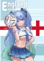 Rule 34 | 1girl, 2022 fifa world cup, al rihla, aqua hair, bare shoulders, blue eyes, blue hair, blue necktie, blue skirt, breasts, english flag, english text, gradient hair, grin, hatsune miku, highres, jokanhiyou, large breasts, long hair, looking at viewer, miniskirt, multicolored hair, navel, necktie, shirt, skirt, smile, solo, standing, star (symbol), twintails, underboob, very long hair, vocaloid, white shirt, world cup