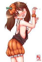 Rule 34 | alternate costume, alternate hairstyle, blush, breasts, brown eyes, brown hair, commentary request, cosplay, dated, flat chest, hat, highres, kanon (kurogane knights), kantai collection, libeccio (kancolle), libeccio (kancolle) (cosplay), long hair, open mouth, pumpkin pants, ryuujou (kancolle), sideboob, simple background, sketch, solo, twintails, white background