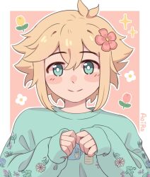 Rule 34 | 1boy, absurdres, alternate costume, alternate eye color, aoiro arts, basil (faraway) (omori), basil (omori), blonde hair, blush, bright pupils, closed mouth, flower, green eyes, green sweater, hair flower, hair ornament, highres, long sleeves, looking at viewer, omori, short hair, sleeves past wrists, smile, solo, sweater, upper body, white pupils