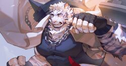 Rule 34 | 1boy, abs, animal ears, arknights, augoose cong, bandaged hand, bandages, bara, black bandages, black shirt, blue eyes, chain, chain necklace, claws, clenched hands, clenched teeth, commentary, cross scar, english commentary, facial scar, furry, furry male, highres, jewelry, looking at viewer, male focus, mountain (arknights), necklace, pectorals, punching, scar, scar across eye, scar on arm, scar on cheek, scar on face, scar on hand, scar on nose, shirt, sleeveless, teeth, tiger boy, tiger ears, tiger stripes
