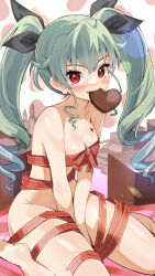 Rule 34 | 1girl, absurdres, anchovy (girls und panzer), barefoot, between legs, black ribbon, blaze (blazeillust), blush, breasts, candy, chocolate, chocolate heart, commentary request, drill hair, feet, food, food in mouth, food on body, food on breasts, girls und panzer, green hair, hair between eyes, hair ribbon, hand between legs, heart, highres, long hair, looking at viewer, medium breasts, mouth hold, naked ribbon, red eyes, red ribbon, ribbon, sitting, soles, solo, twin drills, twintails, wariza