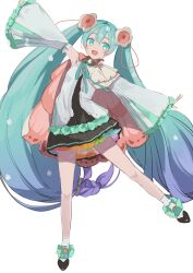 Rule 34 | 1girl, absurdres, aqua eyes, aqua hair, blue hair, commentary, detached sleeves, dress, flower, flower-trimmed dress, flower underskirt, frilled sleeves, frills, gradient hair, hair flower, hair ornament, hatsune miku, highres, long hair, magical mirai (vocaloid), magical mirai miku, magical mirai miku (2021), mishio (misio 40), multicolored hair, outstretched arms, rainbow order, simple background, sleeveless, sleeveless dress, smile, solo, standing, standing on one leg, twintails, very long hair, vocaloid, white background, wide sleeves