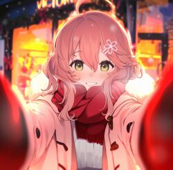 Rule 34 | 14 (vision5032), 1girl, absurdres, ahoge, alternate costume, blush, coat, double-parted bangs, duffel coat, enpera, fur trim, gloves, green eyes, grin, hair between eyes, hair ornament, hairclip, hashtag-only commentary, highres, hololive, looking at viewer, meme, nose blush, open clothes, open coat, outdoors, pink hair, pov, pov cheek warming (meme), reaching, reaching towards viewer, red gloves, red scarf, ribbed shirt, sakura miko, scarf, shirt, shop, smile, snowing, solo, upper body, virtual youtuber, white coat, white shirt, winter, winter clothes, winter coat