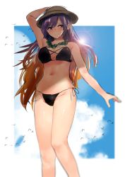 Rule 34 | 1girl, arm up, armpits, asuzemu, bare arms, bare shoulders, bead necklace, beads, bikini, bird, black bikini, blonde hair, blue sky, blush, border, breasts, brown hair, brown hat, cloud, commentary request, cross-laced clothes, day, feet out of frame, gradient hair, hair between eyes, hand on headwear, hat, hijiri byakuren, jewelry, large breasts, long hair, looking at viewer, multicolored hair, navel, necklace, outdoors, outside border, purple eyes, purple hair, shiny skin, side-tie bikini bottom, sky, smile, solo, standing, stomach, sun flare, sun glare, sunlight, swimsuit, thighs, touhou, very long hair, white border