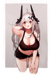 Rule 34 | 1girl, absurdres, ahoge, arknights, armpits, black bra, black shorts, blush, bra, breasts, cleavage, commentary, cowboy shot, demon horns, ear piercing, grey background, hair between eyes, hair ornament, hand in own hair, highres, horns, large breasts, leaning forward, long hair, looking at viewer, material growth, midriff, mudrock (arknights), mudrock (elite ii) (arknights), navel, open mouth, oripathy lesion (arknights), piercing, pointy ears, red eyes, short shorts, shorts, silver hair, simple background, solo, sports bra, standing, tai (e3d1p), thighs, underwear
