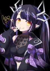 Rule 34 | 1girl, absurdres, black footwear, black hair, black jacket, black shirt, blouse, blunt bangs, blush, breasts, cleavage, closed mouth, commentary request, crop top, cross-laced clothes, cross-laced sleeves, demon girl, demon horns, demon tail, heart, heart print, highres, horns, jacket, kojo anna, kojo anna (1st costume), long hair, looking at viewer, medium breasts, midriff, multicolored hair, nail polish, nanashi inc., navel, off shoulder, open clothes, open jacket, pink nails, pointy ears, print shirt, russian text, see-through, see-through cleavage, see-through shirt, shirt, sleeveless, sleeveless shirt, sleeves past wrists, smile, solo, sugar lyric, tail, torinosu afro, twintails, two-tone hair, upper body, virtual youtuber, yellow eyes, zipper
