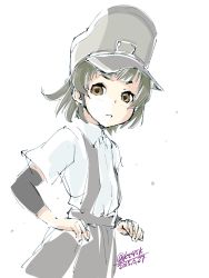 Rule 34 | 10s, 1girl, 2015, 4suke, arare (kancolle), black hair, black skirt, brown eyes, dated, hat, kantai collection, open mouth, short hair, short sleeves, simple background, skirt, solo, suspenders, twitter username