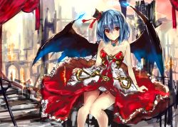 Rule 34 | 1girl, alternate costume, alternate headwear, bare shoulders, bat wings, blue hair, colorized, dress, hat, jewelry, looking at viewer, md5 mismatch, mini hat, mini top hat, moruchi (rinaka moruchi), necklace, red dress, red eyes, remilia scarlet, resized, short hair, sketch, smile, solo, strapless, strapless dress, top hat, touhou, wings