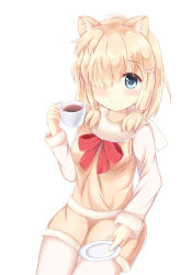 Rule 34 | 10s, 1girl, alpaca ears, alpaca suri (kemono friends), animal ears, bad id, bad pixiv id, blonde hair, blue eyes, blush, closed mouth, cup, hair over one eye, holding, kedama (kedama akaza), kemono friends, long sleeves, red ribbon, ribbon, saucer, shorts, simple background, smile, solo, teacup, vest, white background