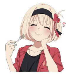 Rule 34 | 1girl, black hairband, black shirt, blonde hair, blush, bob cut, border, bow, closed mouth, collarbone, commentary, eating, fork, hair bow, hairband, hand on own cheek, hand on own face, highres, holding, holding fork, jacket, lycoris recoil, nishikigi chisato, one side up, open clothes, open jacket, red bow, red jacket, ryuryu 7150, shirt, short hair, short sleeves, simple background, solo, upper body, white background, white border