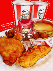Rule 34 | + +, 1girl, arknights, brown shirt, brown shorts, chibi, chicken (food), chicken sandwich, coat, cup, disposable cup, exusiai (arknights), fast food, food, food focus, fried chicken, halo, hands on own face, heart, highres, kfc, neckerchief, open mouth, red hair, red neckerchief, sandwich, shirt, shorts, solo, white coat, yume harukasumi