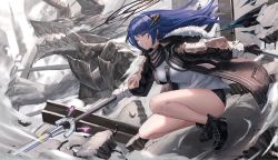 Rule 34 | 1girl, arknights, asymmetrical gloves, bare legs, black footwear, black gloves, black jacket, black shorts, blue eyes, blue hair, commentary request, dual wielding, fur-trimmed jacket, fur trim, gloves, holding, holding staff, horns, jacket, long hair, mismatched gloves, mostima (arknights), open clothes, open jacket, originium arts (arknights), parted lips, shirt, short shorts, shorts, staff, suraimu (suraimuraimu), white gloves, white shirt