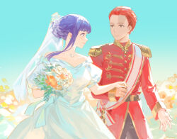 Rule 34 | 1boy, 1girl, absurdres, alternate costume, alternate hairstyle, black pants, bouquet, breasts, closed mouth, couple, day, dress, epaulettes, eye contact, fern (sousou no frieren), flower, forehead, hetero, highres, holding, holding bouquet, large breasts, long dress, long hair, long sleeves, looking at another, meinoss, neck, off-shoulder dress, off shoulder, outdoors, pants, purple eyes, purple hair, red hair, red shirt, scar, scar on face, scar on forehead, shirt, short hair, smile, sousou no frieren, stark (sousou no frieren), walking, white dress, yellow eyes
