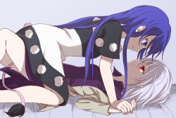 Rule 34 | 2girls, asatsuki (fgfff), bed sheet, black dress, blue eyes, blue hair, closed mouth, doremy sweet, dress, eye contact, girl on top, highres, jacket, kishin sagume, long hair, looking at another, lying, multiple girls, on back, open clothes, open jacket, pom pom (clothes), purple shirt, red eyes, shirt, short sleeves, silver hair, simple background, tail, touhou, white dress, yuri
