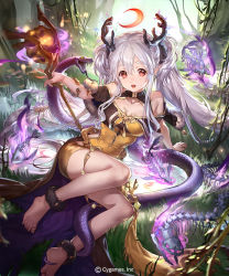 Rule 34 | 1girl, :d, animal, antlers, arm support, barefoot, breasts, brown dress, character request, copyright notice, day, dress, grey hair, hair between eyes, holding, holding staff, horns, liiko, long hair, looking at viewer, medium breasts, official art, on grass, open mouth, orb, outdoors, red eyes, shadowverse, short eyebrows, skeleton, smile, snake, solo, staff, thick eyebrows, tree, twintails, very long hair, watermark