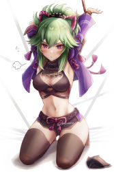Rule 34 | 1girl, anger vein, arms up, black mask, black thighhighs, blush, bound, bound wrists, breasts, breath, commentary request, crop top, cropped jacket, genshin impact, green hair, hair between eyes, hair ornament, highres, jacket, kneeling, kuki shinobu, long hair, looking at viewer, mask, midriff, mouth mask, nanamo yado, navel, open clothes, open jacket, open mouth, paid reward available, ponytail, purple eyes, purple jacket, restrained, revision, short shorts, shorts, solo, thighhighs, unworn mask