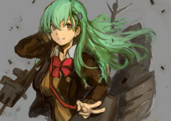 Rule 34 | 1girl, blazer, breasts, brown jacket, green eyes, green hair, grey background, grin, hand in own hair, highres, jacket, kantai collection, long hair, moor, red neckwear, rigging, school uniform, simple background, smile, solo, suzuya (kancolle), upper body, v