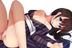 Rule 34 | 10s, 1girl, alternate hairstyle, areola slip, bare legs, blue eyes, blush, breasts, brown hair, cleavage, gin00, hair down, japanese clothes, kantai collection, kimono, knees up, long hair, looking at viewer, lying, obi, on back, panties, sash, shigure (kancolle), simple background, smile, solo, striped, underwear, white background, white legwear