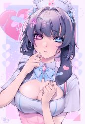 Rule 34 | 1girl, :&lt;, abstract background, animal ears, bad id, bad pixiv id, bandages, bandaid, black hair, blue bow, blue eyes, blue nails, bow, breasts, cleavage cutout, clothing cutout, crying, crying with eyes open, fingernails, glitter, hair ornament, hairclip, halftone, hat, heterochromia, highres, large breasts, lop rabbit ears, mazamuno, nail polish, nurse cap, original, pink bow, pink eyes, rabbit ears, shirt, short hair, signature, simple background, tears, virtual youtuber, white shirt, wing collar, yami kawaii