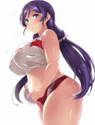 Rule 34 | 1girl, ball, belly, blush, body blush, breasts, buruma, commentary, commentary request, covered erect nipples, flying sweatdrops, from side, green eyes, hair ornament, hair scrunchie, highres, holding, holding ball, inverted nipples, large breasts, legs together, long hair, looking at viewer, love live!, love live! school idol festival, love live! school idol project, moisture (chichi), navel, parted lips, pink scrunchie, plump, purple hair, scrunchie, shiny skin, simple background, solo, standing, sweat, thick arms, thick thighs, thighs, tojo nozomi, twintails, very long hair, volleyball, volleyball (object), white background
