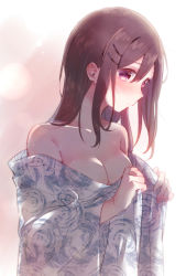 Rule 34 | 1girl, absurdres, adachi to shimamura, blush, breasts, brown hair, cleavage, closed mouth, collarbone, commentary request, hair between eyes, hair ornament, hairclip, highres, japanese clothes, kimono, long hair, long sleeves, looking at viewer, medium breasts, naked kimono, off shoulder, purple eyes, shimamura hougetsu, solo, sorimachi-doufu, upper body, white kimono, wide sleeves