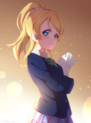 Rule 34 | 1girl, absurdres, artist name, artist request, ayase eli, black jacket, blonde hair, blue cardigan, blue eyes, blue jacket, blue skirt, blush, bow, bowtie, breasts, cardigan, checkered clothes, checkered skirt, collared shirt, female focus, floating hair, green bow, hair between eyes, hair ornament, hair scrunchie, high ponytail, highres, holding, holding paper, jacket, long hair, long sleeves, looking at viewer, love live!, love live! school idol project, medium breasts, miniskirt, otonokizaka school uniform, paper, parted lips, plaid, plaid skirt, pleated, pleated skirt, ponytail, school uniform, scrunchie, shirt, short hair, short sleeves, skirt, smile, solo, striped, striped bow, white scrunchie, white shirt