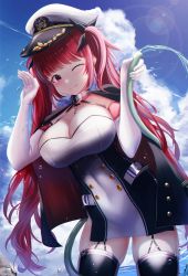 Rule 34 | 1girl, absurdres, azur lane, bexercube, black ribbon, black thighhighs, blush, breasts, cleavage, closed mouth, collarbone, elbow gloves, gloves, hair ribbon, hat, highres, honolulu (azur lane), hose, large breasts, long hair, one eye closed, red eyes, red hair, ribbon, sky, smile, solo, thighhighs, twintails, very long hair, water