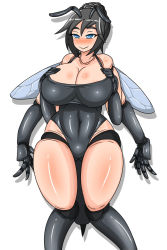 Rule 34 | 1girl, antennae, arthropod girl, blue eyes, blush, breasts, dr. bug, extra arms, grey hair, highres, insect wings, large breasts, monster girl, short hair, smile, solo, stinger, wings
