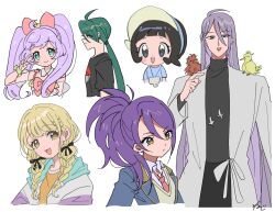 1boy 5girls :d ahoge animal animal_on_shoulder bird bird_on_shoulder black_hair black_shirt black_sweater blonde_hair blue_eyes blue_jacket bow braid character_request closed_mouth collared_shirt creatures_(company) cropped_legs cropped_torso fujita_kotone gakuen_idolmaster game_freak green_eyes green_hair hair_bow hair_ribbon hand_up highres idol_clothes idolmaster jacket lab_coat long_hair long_sleeves looking_at_viewer low_twin_braids manaka_laala multicolored_clothes multicolored_jacket multiple_girls necktie nintendo open_mouth paprika_private_academy_school_uniform pink_bow pink_necktie pokemon pokemon_sv ponytail poppy_(pokemon) pretty_series pripara profile purple_hair ribbon rika_(pokemon) rituyama1 school_uniform shirt short_hair side_ponytail smile standing sweater t-shirt toudou_shion twin_braids twintails v v_over_eye vest white_background white_shirt yellow_eyes yellow_shirt yellow_vest