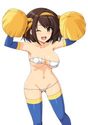 Rule 34 | 1girl, :d, ;d, areola slip, armpits, arms up, bare shoulders, bikini, blue gloves, blue thighhighs, blush, bouncing breasts, breasts, brown eyes, brown hair, cheerleader, cleavage, collarbone, covered erect nipples, elbow gloves, eyepatch bikini, feet out of frame, gloves, gluteal fold, groin, hair ribbon, hairband, haruhisky, highres, holding, large breasts, looking at viewer, lowleg, lowleg bikini, navel, one eye closed, open mouth, orange hairband, orange ribbon, pom pom (cheerleading), ribbon, short hair, skindentation, smile, solo, standing, stomach, strapless, strapless bikini, suzumiya haruhi, suzumiya haruhi no yuuutsu, swimsuit, thighhighs, unaligned breasts, white bikini