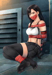 Rule 34 | 1girl, absurdres, angry, black hair, black legwear, black skirt, black sports bra, bound, breasts, brown eyes, cloth gag, crop top, earrings, elbow gloves, feet, final fantasy, final fantasy vii, final fantasy vii remake, gag, gagged, gloves, highres, improvised gag, jewelry, large breasts, legs, long hair, looking at viewer, lost one zero, low-tied long hair, midriff, miniskirt, no shoes, pencil skirt, pleated skirt, shirt, shorts, shorts under skirt, skirt, socks, sports bra, square enix, suspender skirt, suspenders, tank top, tape, tape bondage, tape gag, taut clothes, taut shirt, tifa lockhart, white tank top