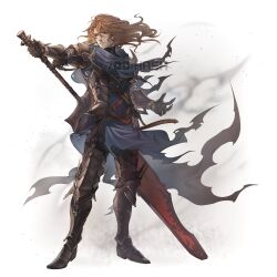 Rule 34 | 1boy, 700hash, absurdres, armor, artist name, black armor, black cape, brown hair, cape, closed mouth, gauntlets, granblue fantasy, highres, holding, holding weapon, long hair, male focus, siegfried (granblue fantasy), simple background, solo, sword, torn cape, torn clothes, weapon, white background