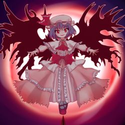 Rule 34 | 1girl, bad id, bad pixiv id, blue hair, dress, female focus, hat, mary janes, moon, night, orenji, orenji (lopear), red eyes, red moon, remilia scarlet, shoes, short hair, solo, touhou, wings