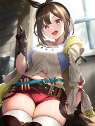 Rule 34 | asanagi shion, atelier (series), atelier ryza, belt, beret, black bow, blue belt, boots, bow, breasts, brick wall, brown belt, brown eyes, brown footwear, brown gloves, brown hair, flask, gloves, hair ornament, hairclip, hat, hat bow, highres, jacket, jewelry, large breasts, navel, necklace, open clothes, open jacket, open mouth, plus sign, red shorts, reisalin stout, shirt, short hair, shorts, sleeveless, sleeveless jacket, star (symbol), star necklace, thigh boots, thighhighs, thighs, white hat, white shirt, white thighhighs, window, yellow jacket