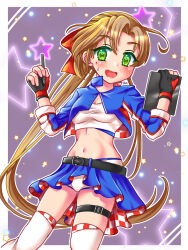 Rule 34 | 1girl, akigumo (kancolle), black gloves, blue jacket, blue skirt, brown hair, commentary request, cropped jacket, gloves, green eyes, hair ribbon, holding, izumi shara, jacket, kantai collection, long hair, looking at viewer, midriff, mole, mole under eye, multicolored clothes, multicolored gloves, navel, official alternate costume, partially fingerless gloves, pleated skirt, ponytail, race queen, ribbon, shorts, shorts under skirt, skirt, solo, stylus, tablet pc, thighhighs, white crop top, white shorts, white thighhighs