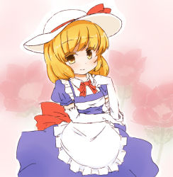 Rule 34 | 1girl, apron, back bow, blonde hair, blue dress, bow, dress, elbow gloves, frilled apron, frills, gloves, hat, kana anaberal, manjyuuya, medium hair, puffy short sleeves, puffy sleeves, red bow, red neckwear, red ribbon, ribbon, short sleeves, smile, sun hat, touhou, touhou (pc-98), white apron, white hat, yellow eyes
