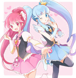 Rule 34 | 10s, 2girls, aino megumi, bad id, bad pixiv id, black legwear, blue eyes, blue hair, bow, crown, cure lovely, cure princess, happinesscharge precure!, heart, long hair, looking at viewer, magical girl, mei (maysroom), multiple girls, one eye closed, open mouth, pink bow, pink eyes, pink hair, ponytail, precure, shirayuki hime, skirt, thighhighs, twintails, wide ponytail, wink