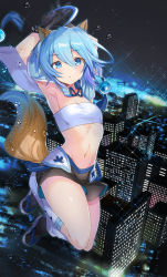 Rule 34 | ahoge, animal ears, armpits, arms up, bandeau, black gloves, black legwear, blue hair, building, cityscape, copyright request, cover, cover page, diffraction spikes, flat chest, fox ears, fox tail, full body, gloves, hair between eyes, hayama eishi, highres, looking at viewer, navel, night, night sky, novel cover, novel illustration, official art, sandals, sky, skyscraper, solo, strapless, tail, tube top, water drop