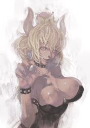 Rule 34 | 1girl, armlet, bare shoulders, black dress, blonde hair, blue eyes, borrowed design, bowsette, bracelet, breasts, claw pose, cleavage, collar, commentary request, crown, dress, earrings, fingernails, highres, horns, jewelry, kazama raita, large breasts, looking at viewer, mario (series), new super mario bros. u deluxe, nintendo, sharp fingernails, sharp teeth, smile, solo, spiked bracelet, spiked collar, spikes, strapless, strapless dress, super crown, teeth, turtle shell