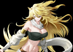 Rule 34 | 1girl, absurdres, akame ga kill!, animal ears, black background, blonde hair, breasts, cleavage, commentary request, detached sleeves, highres, large breasts, leone (akame ga kill!), lion ears, long hair, long sleeves, midriff, mushuang goner, navel, scarf, simple background, solo, stomach, strapless, tube top, upper body, very long hair, white scarf, yellow eyes