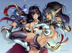 Rule 34 | 2girls, absurdres, animal, arm warmers, artist name, bare shoulders, black hair, blue eyes, boots, bottomless, breasts, brown eyes, cleavage, echidna (queen&#039;s blade), fighting, green hair, headband, highres, hobby japan, japanese clothes, katana, large breasts, leg up, legs, long hair, looking at another, maeda hiroyuki, miko, multiple girls, navel, official art, official wallpaper, open mouth, petals, pointy ears, ponytail, queen&#039;s blade, queen&#039;s blade lost worlds, skindentation, sweat, sword, thighhighs, tomoe (queen&#039;s blade), wallpaper, weapon