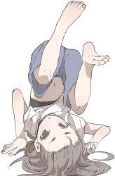 Rule 34 | 1girl, absurdres, barefoot, blue shorts, brown eyes, brown hair, clothes lift, commentary request, forehead, full body, headstand, highres, looking at viewer, original, parted lips, shirt, shirt lift, short sleeves, shorts, simple background, soles, solo, white background, white shirt, yamamoto souichirou