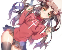 Rule 34 | 1girl, black thighhighs, blush, brown hair, fate/stay night, fate (series), female focus, ganik (pisshine), gradient background, green eyes, jewelry, long hair, looking at viewer, nail polish, pendant, ribbon, skirt, solo, thighhighs, tohsaka rin, twintails, two side up, white background, zettai ryouiki