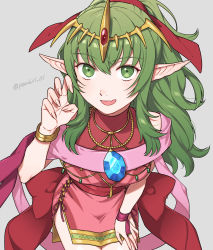 Rule 34 | 1girl, :d, bare shoulders, bridal gauntlets, dragonstone, dress, fire emblem, fire emblem: mystery of the emblem, fire emblem awakening, fire emblem heroes, foreshortening, green eyes, green hair, grey background, hair ornament, highres, jewelry, long hair, looking at viewer, necklace, nintendo, official alternate costume, open mouth, peach11 01, pink dress, pointy ears, ponytail, short dress, side slit, sleeveless, sleeveless dress, smile, solo, stone, tiara, tiki (adult) (fire emblem), tiki (fire emblem), twitter username