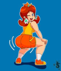 Rule 34 | 1girl, ass, ass shake, blue eyes, brown hair, crown, dancing, earrings, flower earrings, full body, grin, highres, jewelry, looking at viewer, mario (series), mario tennis, nintendo, one eye closed, princess daisy, shake, shoes, short hair, shorts, smile, solo, super mario bros. 1, super mario land, thighs, tomboy, wink