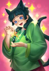 Rule 34 | 1girl, animal ears, artist name, bandaged arm, bandages, blue eyes, blunt bangs, cat ears, chinese clothes, commentary, excited, food, food request, freckles, green hair, green hanfu, hanfu, highres, holding, holding food, holding vegetable, kusuriya no hitorigoto, long hair, long sleeves, maomao (kusuriya no hitorigoto), pink background, simple background, slit pupils, solo, sparkle, sparkling eyes, tail, twintails, vegetable, winterleigh