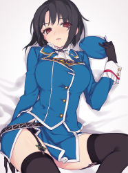Rule 34 | 10s, 1girl, beret, black gloves, black hair, black thighhighs, blue hat, blue jacket, blue skirt, blue suit, blush, breasts, formal, garter straps, gloves, hair over one eye, hat, jacket, kantai collection, large breasts, long sleeves, looking at viewer, parted lips, red eyes, rokuwata tomoe, short hair, skirt, skirt suit, solo, suit, takao (kancolle), thighhighs, unworn hat, unworn headwear